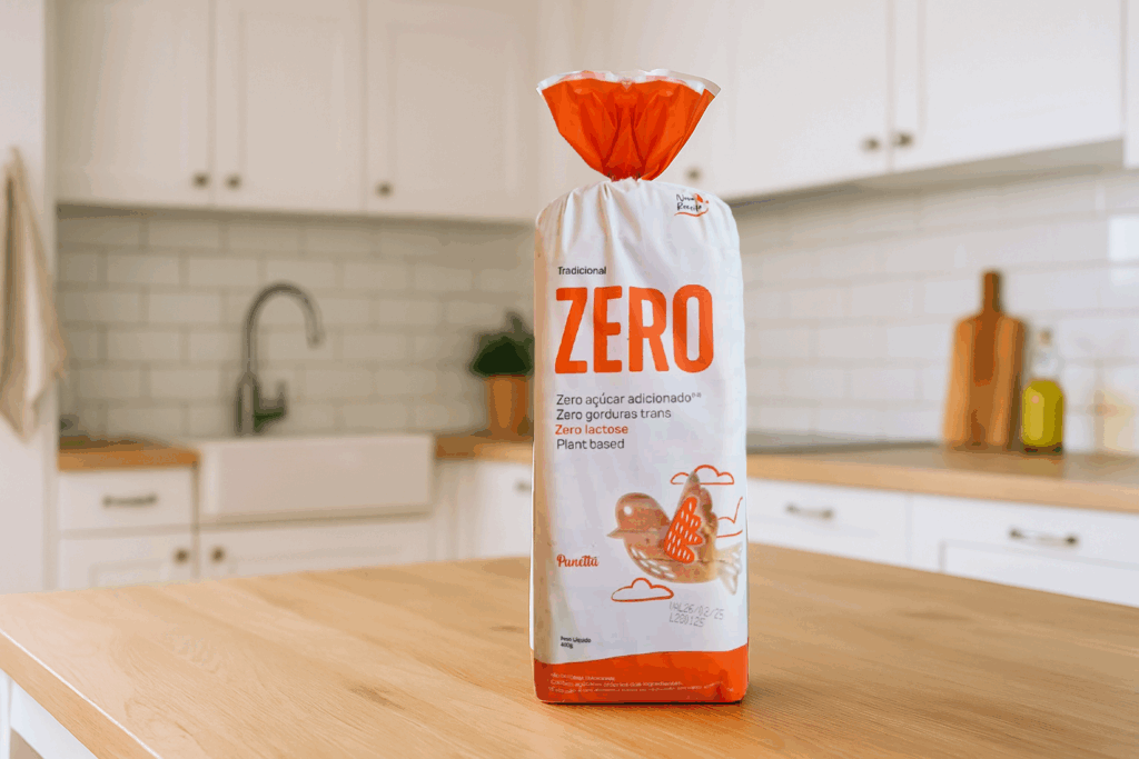 Pão Zero Açucar Panettá na cozinha em cima de uma mesa de madeira.