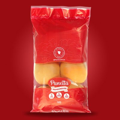 Pão de Hambúrguer Panettá Pacote com 6 uniaddes, 400g de peso. Embalagem vermelha com selo da campanha: É daqui! É pra todo mundo, Zero Lactose, 0% de Gorduras Trans e 100% Vegano.